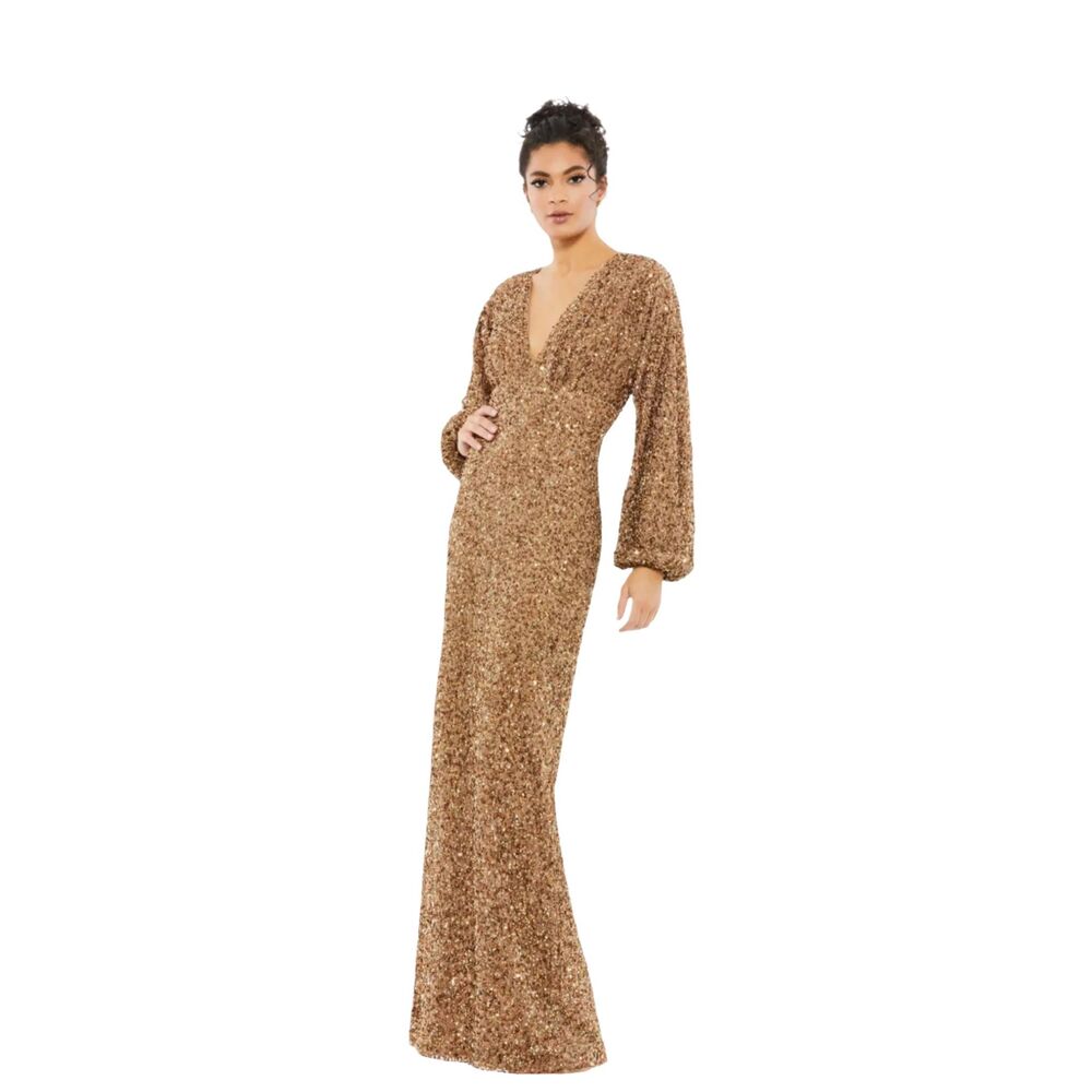 Mac Duggal Sequined Puff Long Sleeve V Neck Gown Bronze Women’s Size 12 NWT
